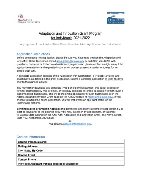 Fillable Online Adaptation And Innovation Grant Application For