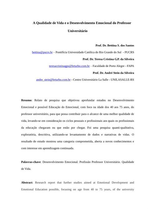 PDF A Qualidade De Vida E O Desenvolvimento Emocional Do