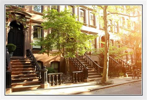 Rows Of Beautiful Brownstones In New York City Photo Photograph White Wood Framed Poster 20x14