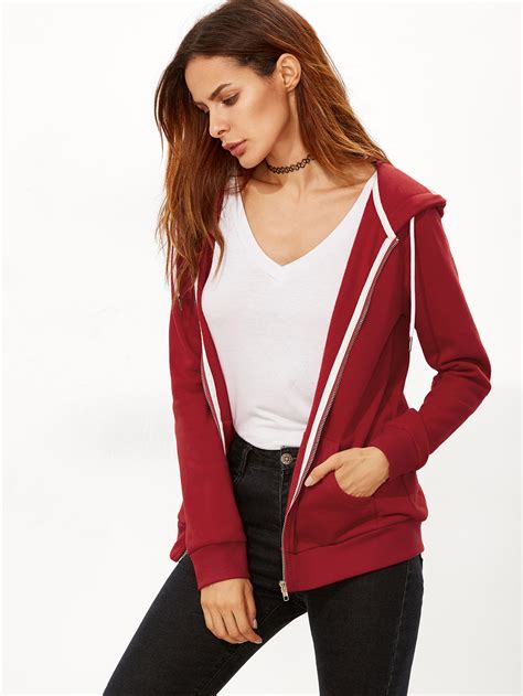 Red Zip Up Hoodie With Pocket Shein Sheinside