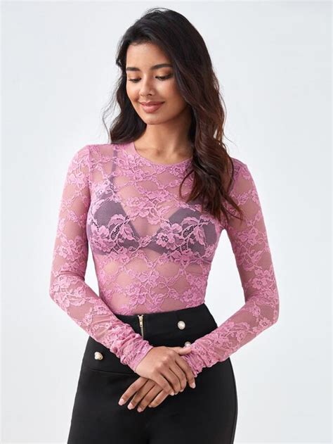 Shein Bizwear Floral Lace Sheer Top Without Bra Shein Usa