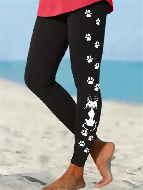 Cat Print Skinny Leggings Casual Elastic Waist Stretchy Temu Canada