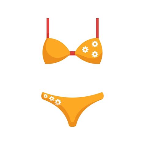 Un traje de baño amarillo dividido con correas rojas con margaritas en el pecho y un bikini para