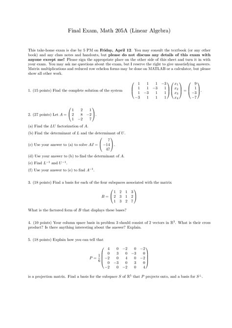 Subspaces Associated - Linear Algebra - Exam - Docsity