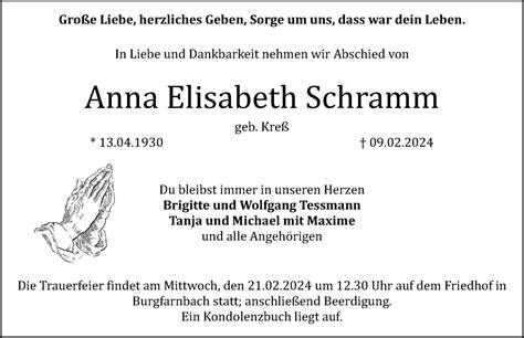 Traueranzeigen Von Anna Elisabeth Schramm Trauer Nn De