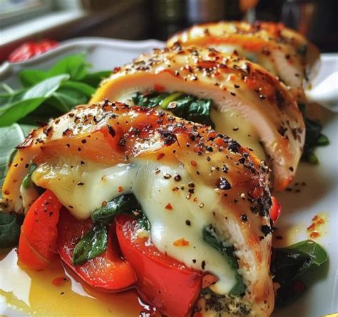 Roasted Red Pepper Spinach And Mozzarella Stuffed Chicken Recipe Full Recipe