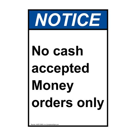 Vertical No Cash Accepted Money Orders Only Sign Ansi Notice