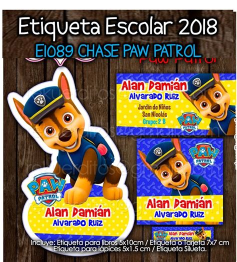 Etiquetas Escolares Imprimibles E1089 Chase Paw Patrol 60 00 En