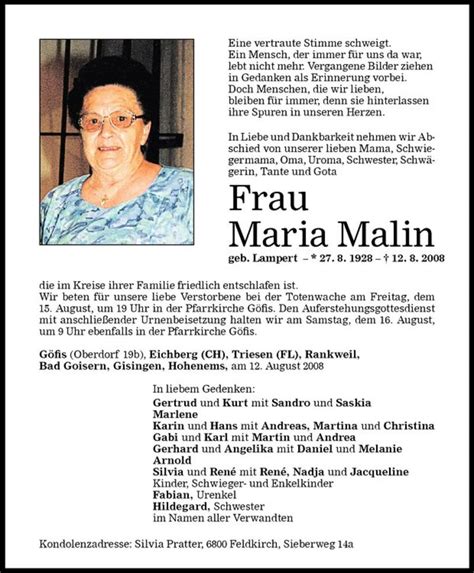 Todesanzeigen Von Maria Malin Todesanzeigen Vorarlberger Nachrichten