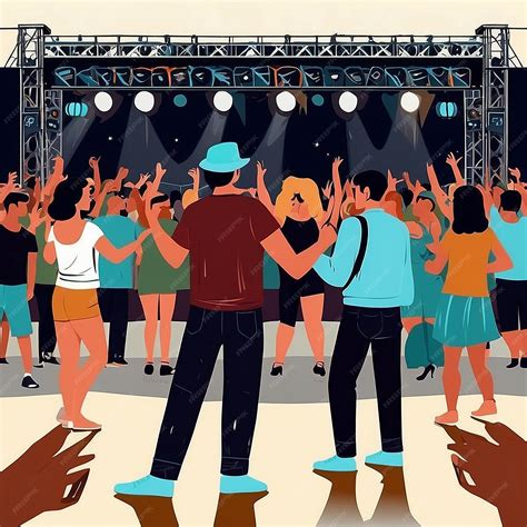 Large group of people or music fans dancing in front of stage with