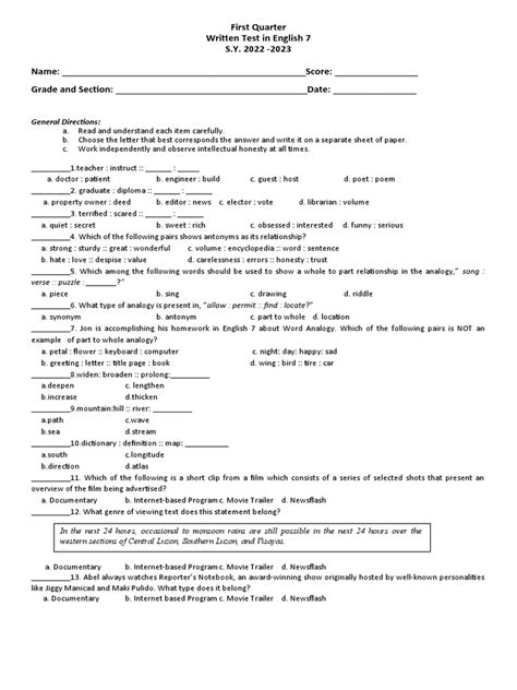 1st Periodic Test English 7 Pdf