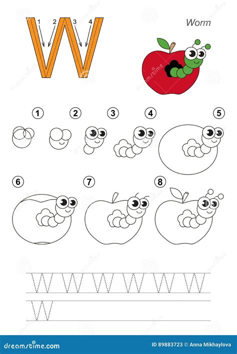 Drawing Tutorial Game For Letter W Apple Worm Stock Vector