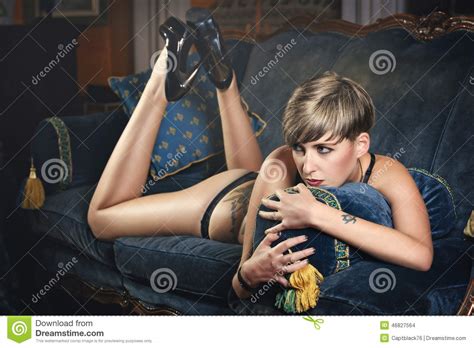 Sensual Short Hair Woman With Black Lingerie Stock Photo Image Of