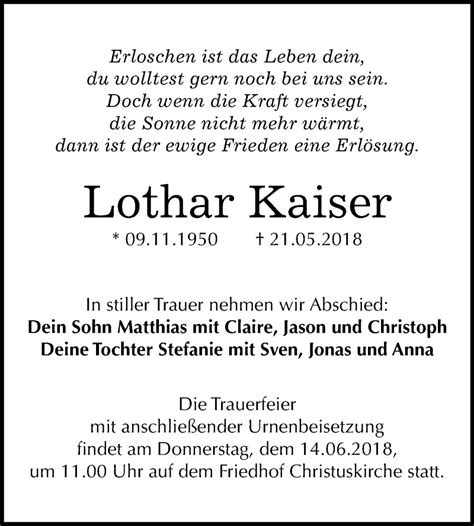 Traueranzeigen Von Lothar Kaiser Abschied Nehmen De