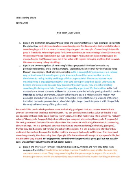 Midterm Study Guide Meaning Of Life The Meaning Of Life Spring