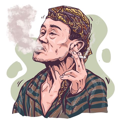 Hand Drawing Of Old Javanese Traditional Clothes Enjoying Cigarettes