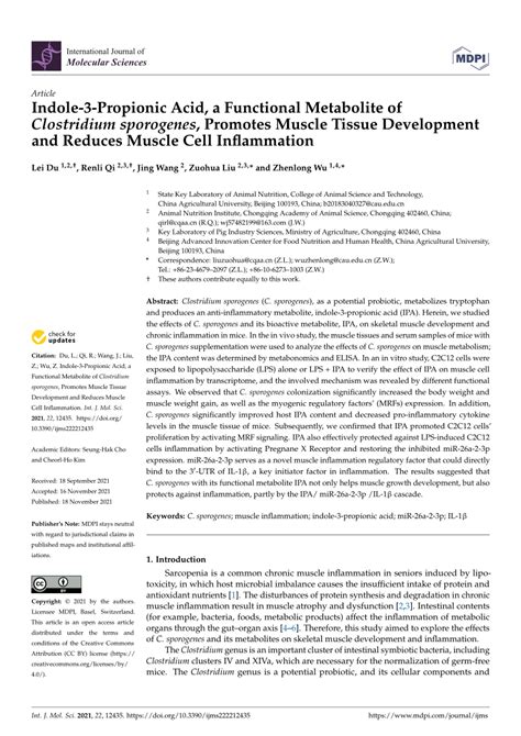 PDF Indole 3 Propionic Acid A Functional Metabolite Of Clostridium