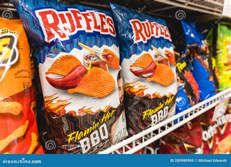 Ruffles Flamin Hot BBQ Crinkle Cut Potato Chips For Sale At A Supermarket Stock Image Image Of