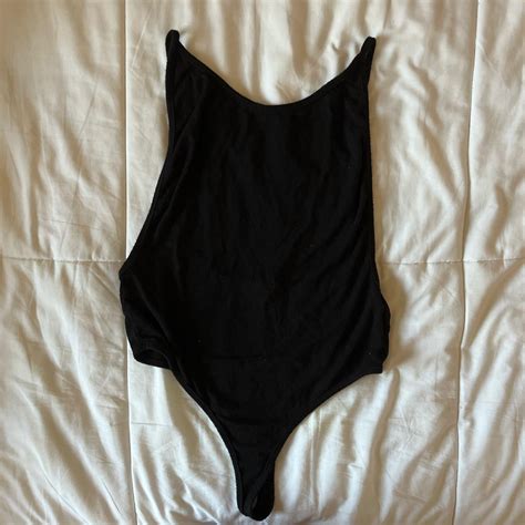 Black Side Boob Bodysuit Low Back Stretchy Thin Depop