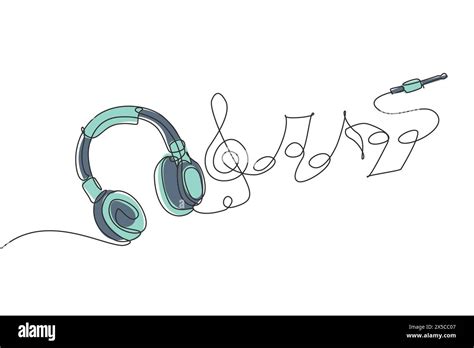 Single Continuous Line Drawing Headphones Music Gadget And Note Audio