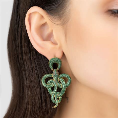 Viper Snake Drop Earrings Gold Emerald Snake Skin Jewelry Serpent