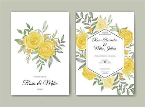 Plantilla De Invitación De Boda Con Acuarela De Flor Rosa Amarilla Vector Premium