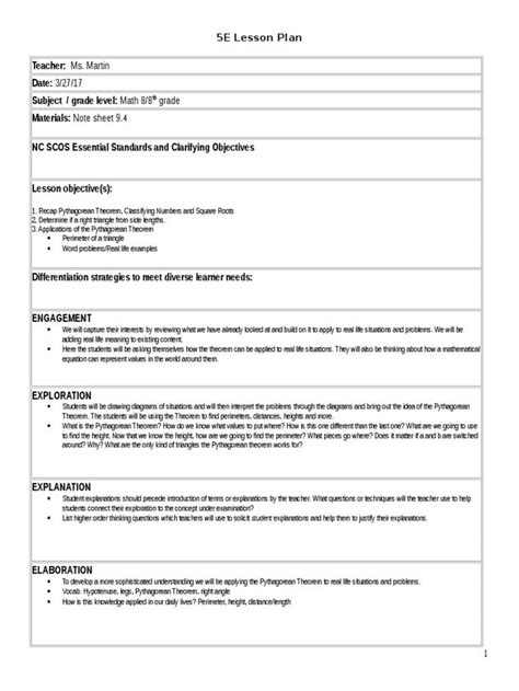 5 E Lesson Plan Template Elegant 5e Math 8 Lesson Plan 9 4 Lesson Plan Lesson Plan Templates