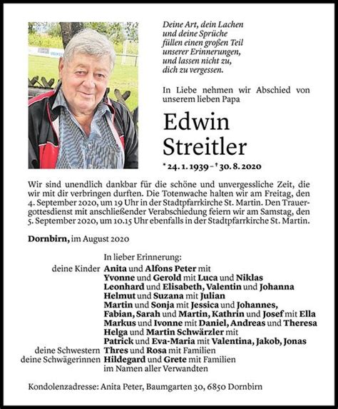 Todesanzeigen Von Edwin Streitler Todesanzeigen Vorarlberger Nachrichten