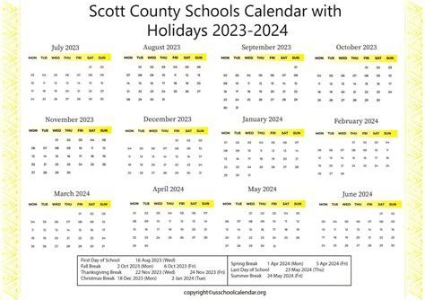 Scott County Schools Calendar with Holidays 2023-2024