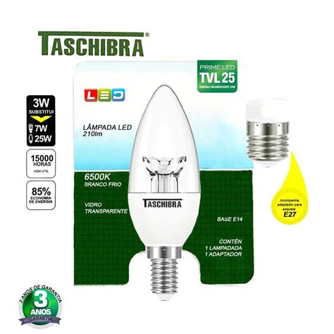 Lampada LED Vela Clara 3W 6500K E14 Adapt E27 Bivolt TASCHIBRA