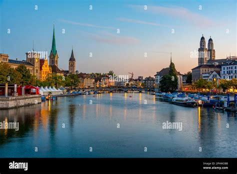 Sunrise View Of Historic City Center Of Zuerich With Famous