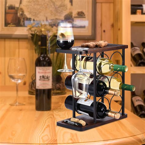 Allcener Wine Rack With Glass Holder Countertop Wine Rack Wooden Wine Holder With Tray