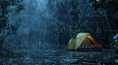 AI generated Tent in the Tropical Forest with Rain at Night. Tropic, Calm, Peaceful, Quiet ...