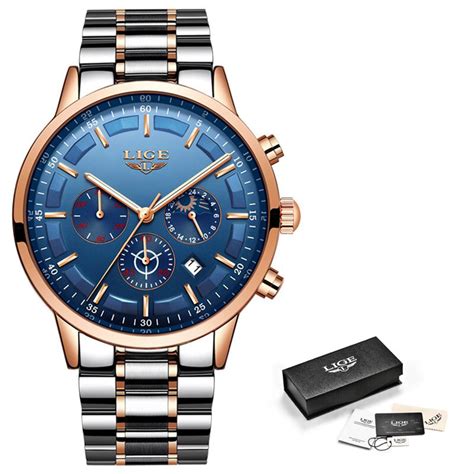 LIGE 9877 Silver And RoseGold Two Tone Stainless Steel Chronograph