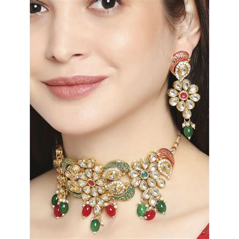 Buy Oomph Red Green Meenakari Kundan Ethnic Choker Necklace Set