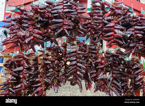 Dried Red Hot Peppers In Bunches At The Annual Espelette Pepper Festival In France Stock Photo