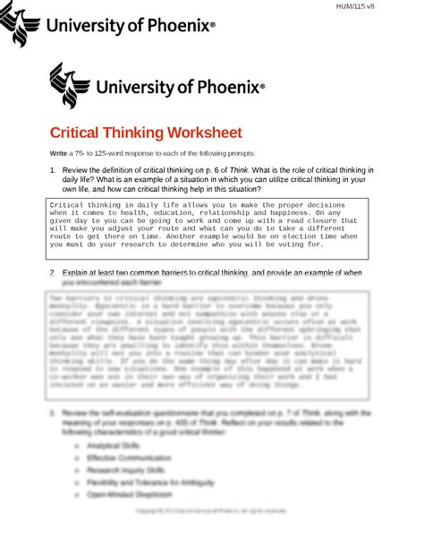 Solution Hum Critical Thinking Worksheet Studypool