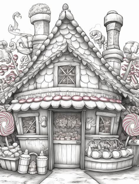 Premium Photo | A drawing of a house with a candy shop and a candy cane generative ai