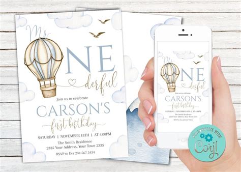 Editable Mr Onederful Birthday Invitation Hot Air Balloon Invitation First Birthday Baby Boy