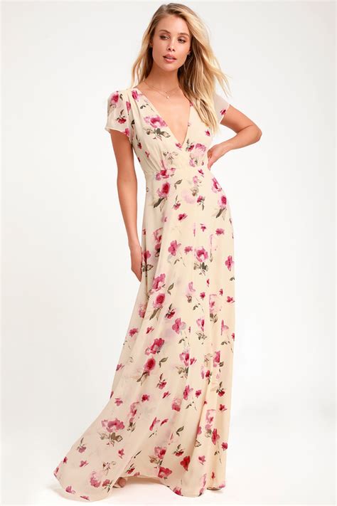 Lovely Cream Floral Print Dress Maxi Dress Short Sleeve Dress Lulus