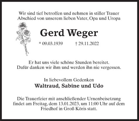 Traueranzeigen Von Gerd Weger Trauer Anzeigen De