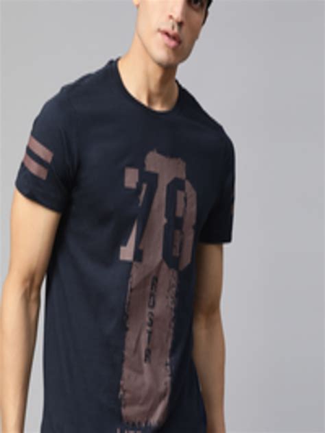 Buy Roadster Men Navy Blue Brown Printed Round Neck Pure Cotton T Shirt