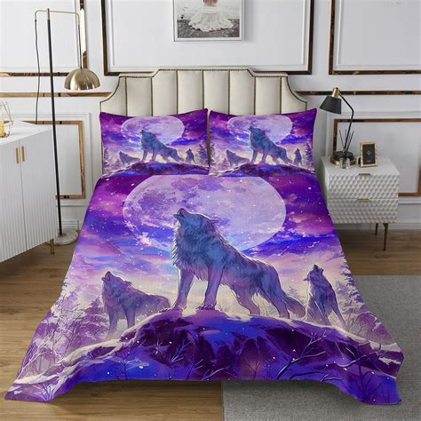 Howling Wolf Quilt Set Winter Wolves On The Snow Mountain Bedspread Set