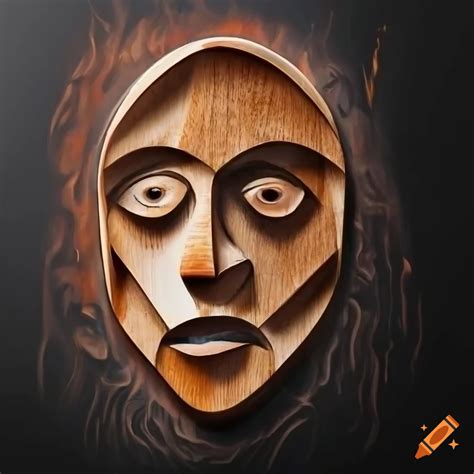 Abstract Knife Painting Of A Wooden Face On Fire And Water On Craiyon