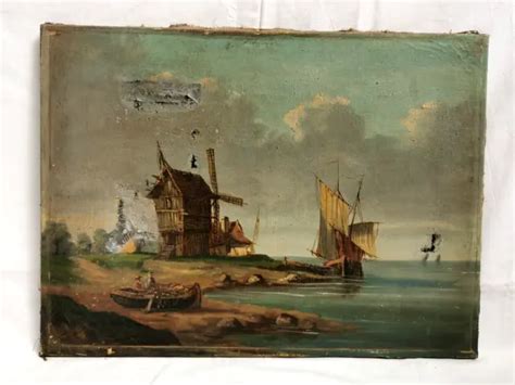 Ancien Tableau Huile Sur Toile Moulin Vent En Bord De Mer