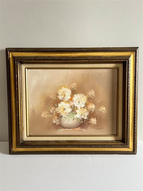 Vintage Oil Painting Original Flower Art Work Pale Framed Flower ...