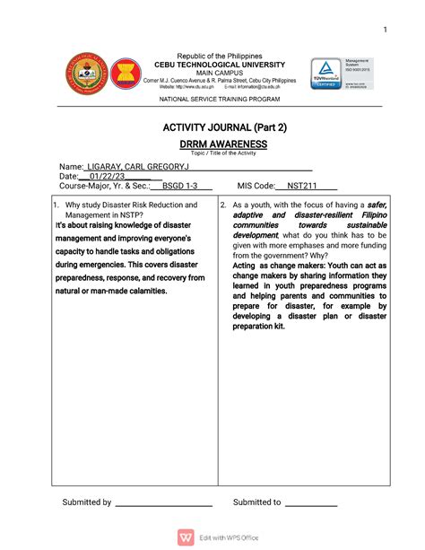 Ligaray 1st 22 23 Activity Journal Drrm Awareness The Cca Part Ii 1 Activity Journal Part 2