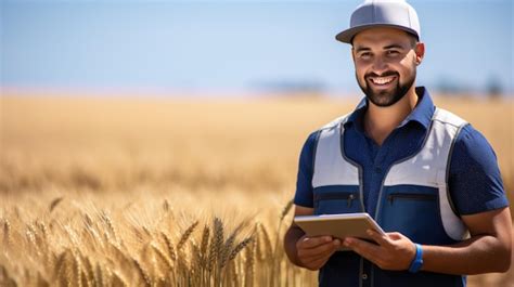 Premium Ai Image Man Farmer In Hat Walking The Field Of Wheat And