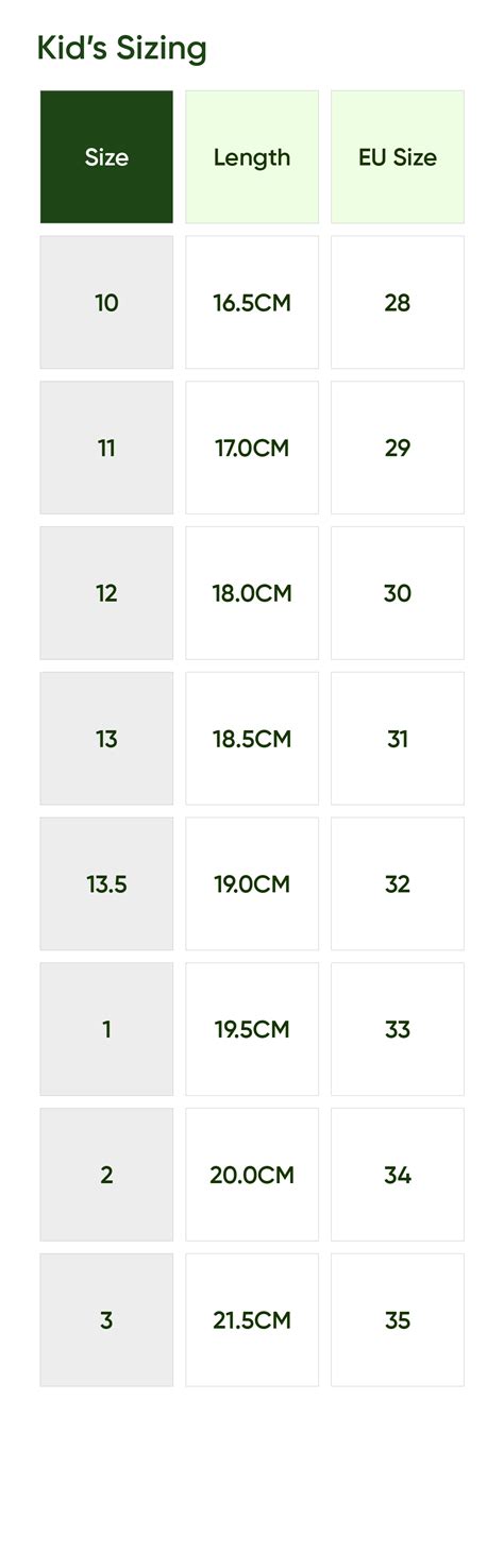 Kid's Sizing Chart