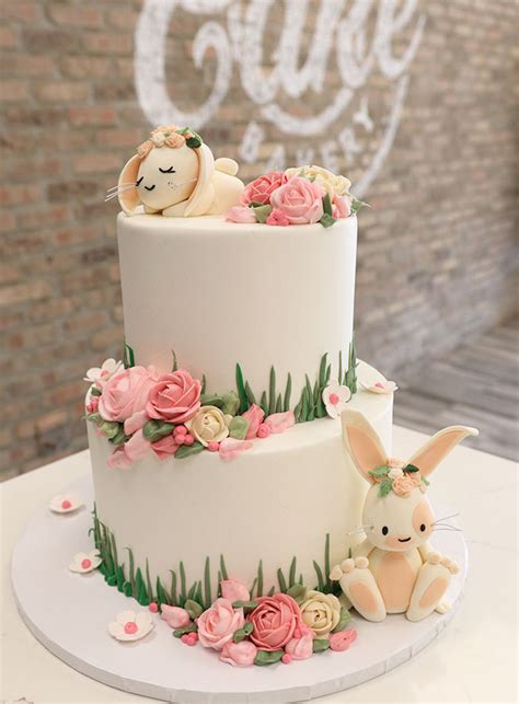 Buttercream Iced Baby Shower Cake With Sculpted Bunnies